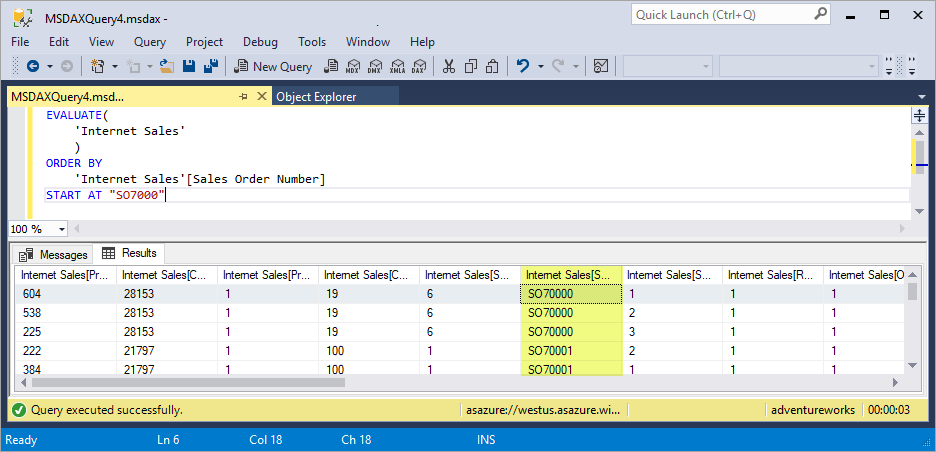 DAX Evaluate order by Sales order number 语句