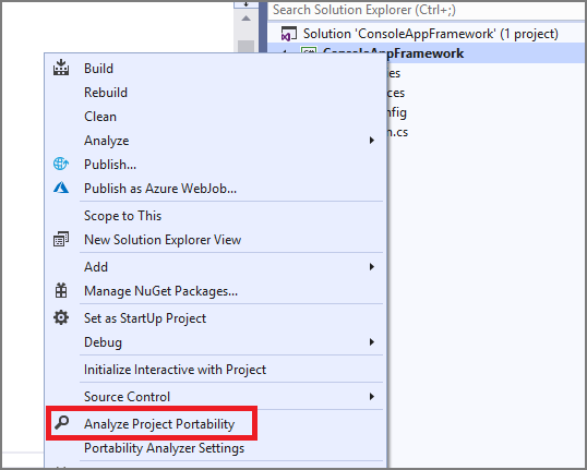 解决方案资源管理器中的可移植性分析器的屏幕截图。