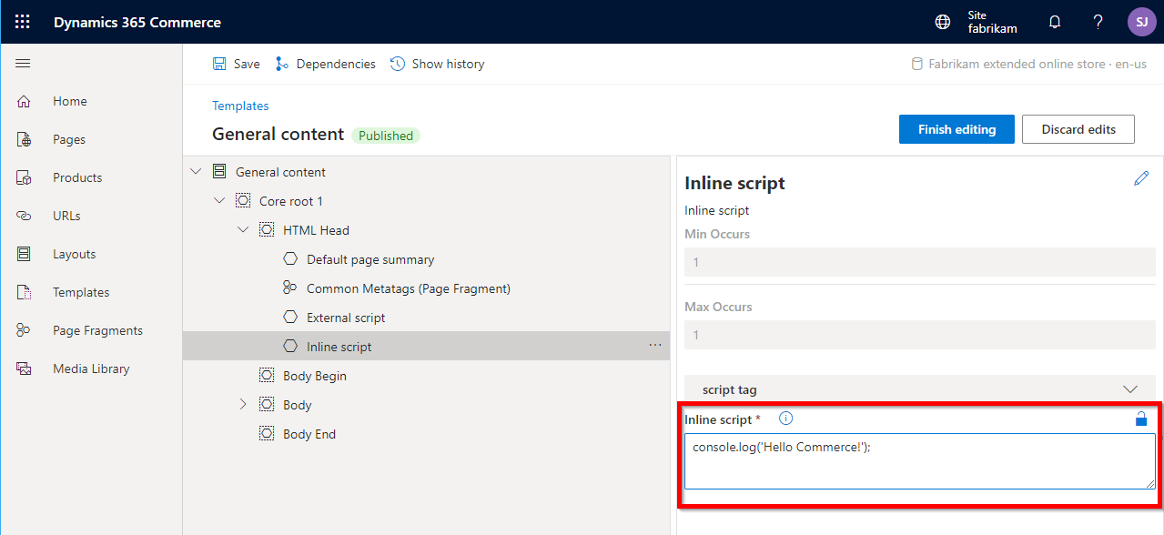 Inline script module properties in site builder.