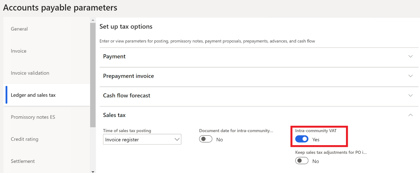 Accounts payable parameters page, Ledger and sales tax tab, Intra-community VAT field.