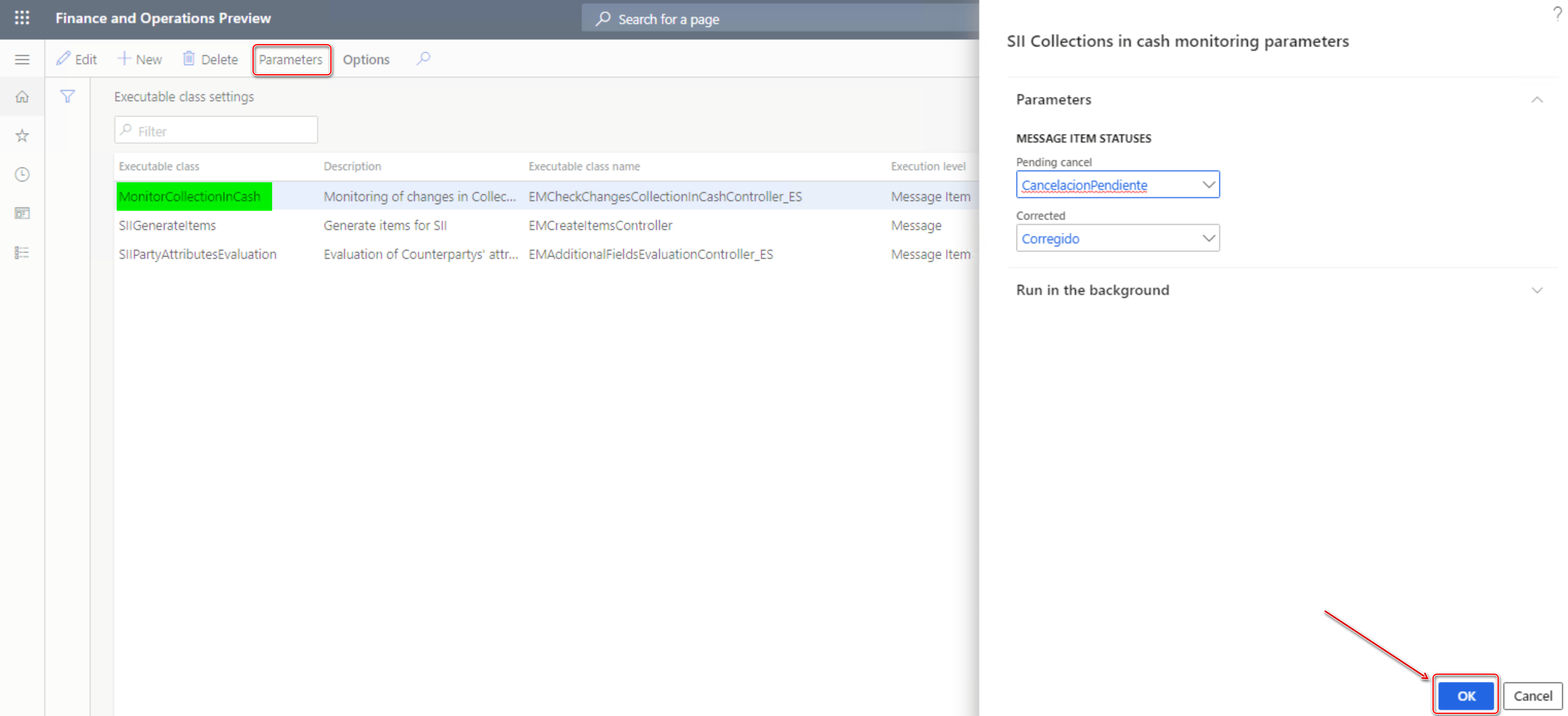 SII Collections in cash monitoring parameters pane.