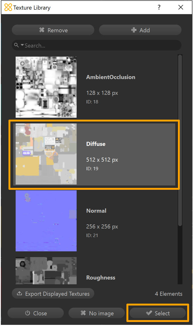 在 Texture Libaray 窗口中选择 Diffuse 纹理贴图。