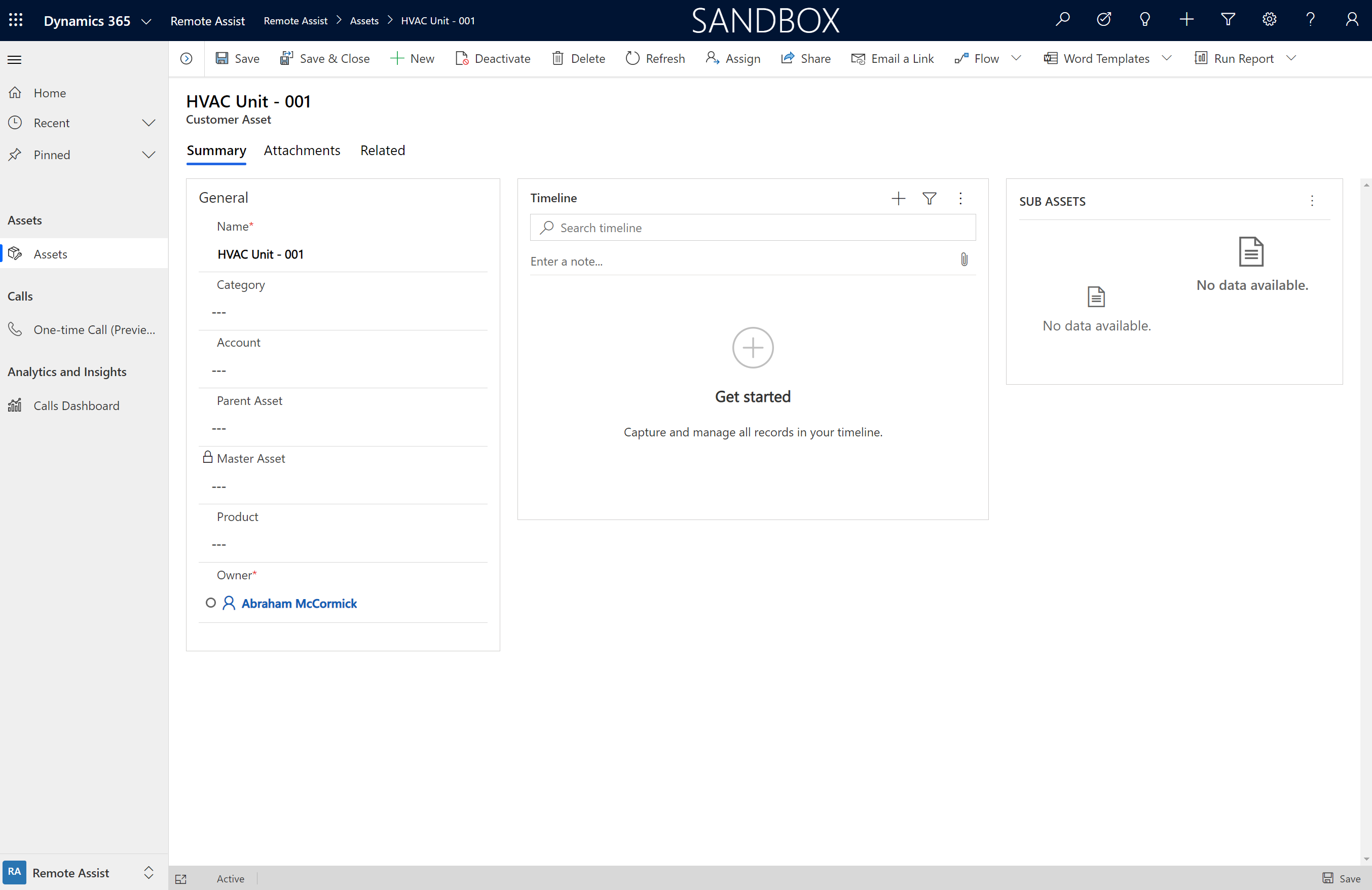 Dynamics 365 Remote Assist 模型驱动应用的屏幕截图，显示了一项客户资产。