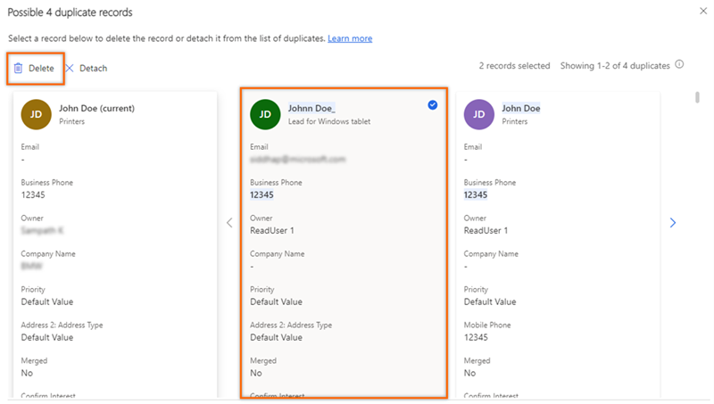 选择要删除的重复潜在顾客的屏幕截图。