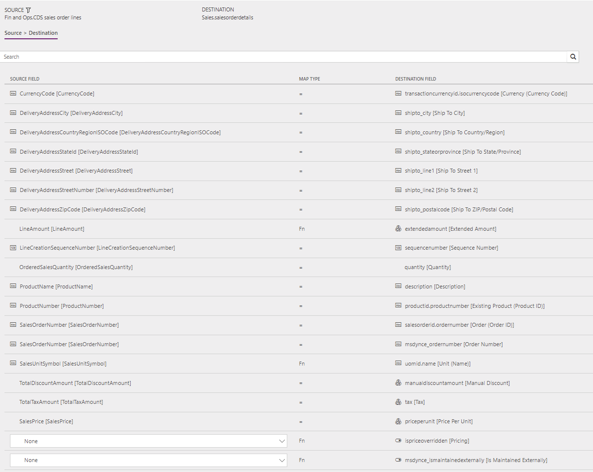 Template mapping in Data integration, Sales Orders (Supply Chain Management to Sales) - Direct: OrderLine.