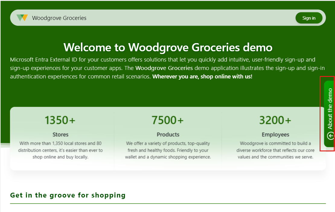 Woodgrove Groceries 演示主页的屏幕截图。