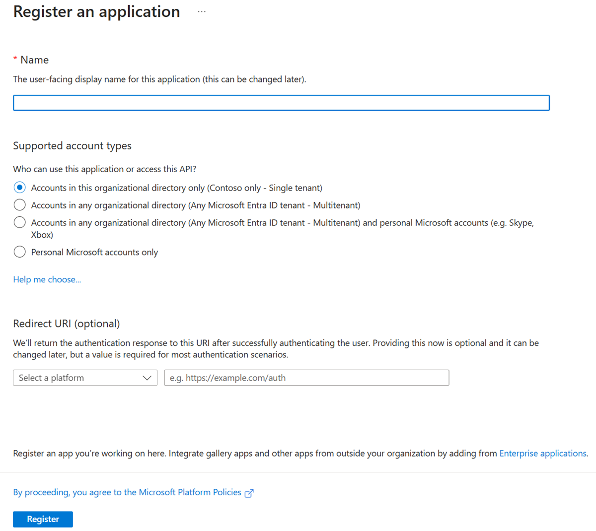 在 Microsoft Entra 管理中心创建新的应用注册