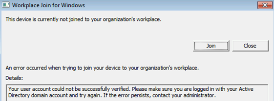 Workplace Join for Windows 对话框的屏幕截图。文本报告在帐户验证期间发生了错误。
