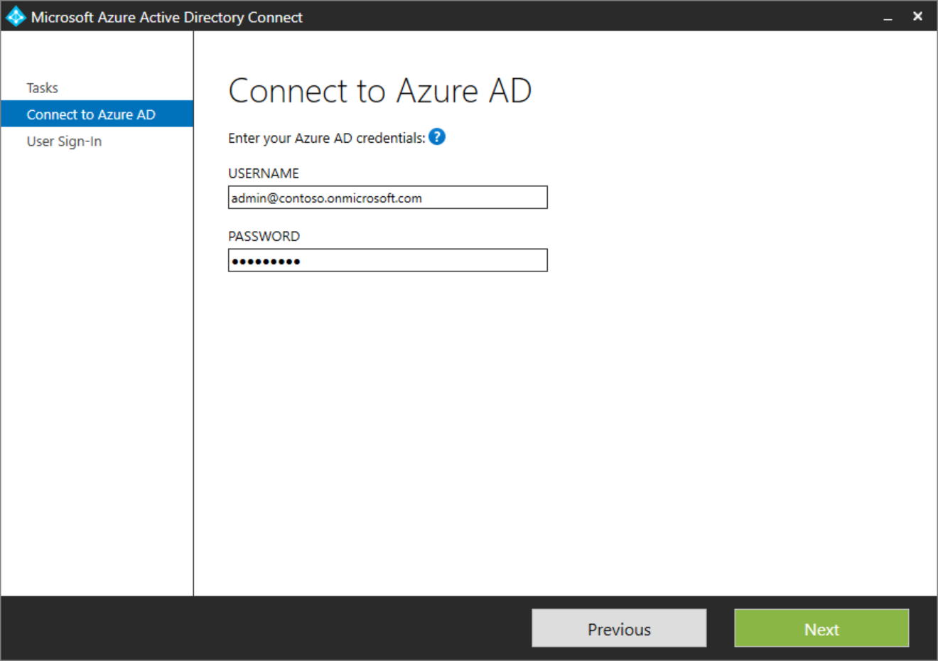 Screenshot that shows where you should type the credentials for Microsoft Entra ID.