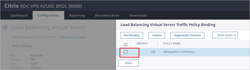 屏幕截图，其中显示 Citrix ADC SAML Connector for Microsoft Entra 的“配置”–“负载均衡虚拟服务器流量策略绑定”窗格。