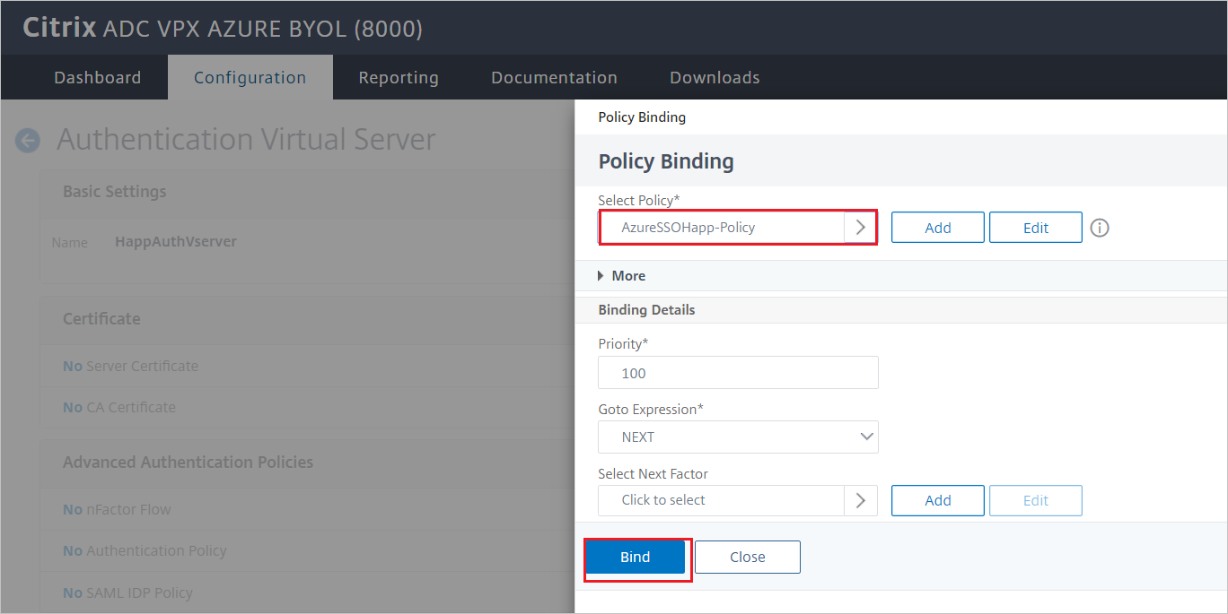 屏幕截图，其中显示 Citrix ADC SAML Connector for Microsoft Entra 的“配置”–“策略绑定”窗格