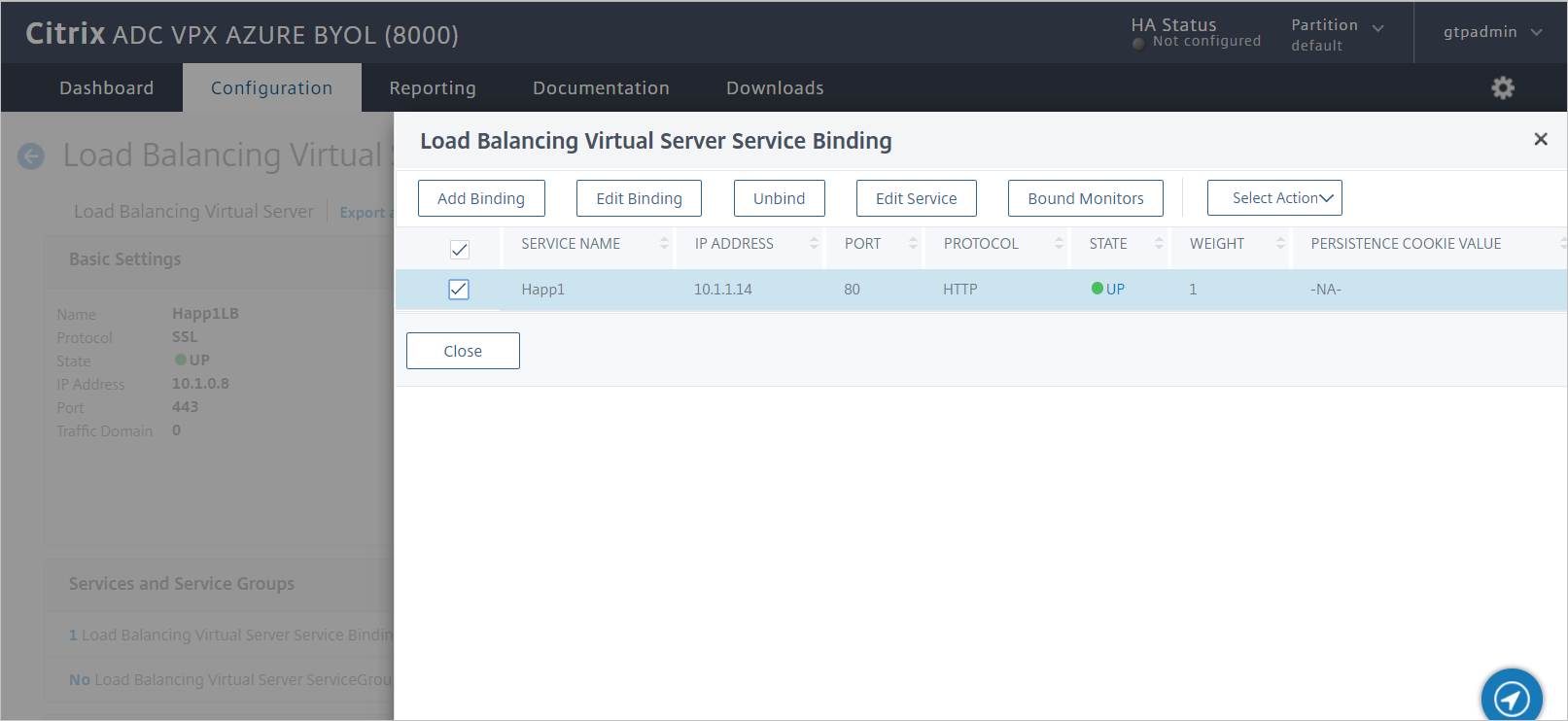 屏幕截图，其中显示 Citrix ADC SAML Connector for Microsoft Entra 的“配置”–“验证虚拟服务器服务绑定”窗格。