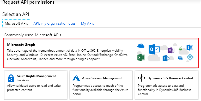 屏幕截图显示“请求 API 权限”页面，其中选择了“Microsoft API”选项卡和“Microsoft Graph”磁贴。