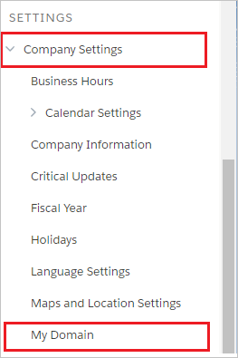 屏幕截图显示从左侧导航窗格中选中了“公司设置”和“我的域”。