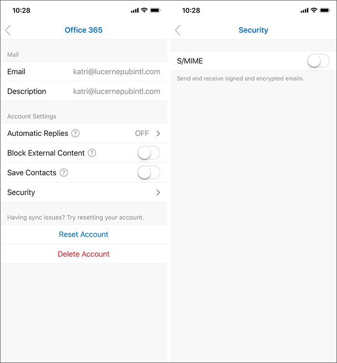 显示 Outlook for iOS S/MIME 安全设置的屏幕截图。