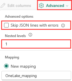 屏幕截图，其中显示了高级 JSON 选项。