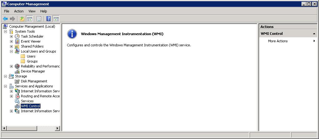 显示 Windows Management Instrumentation Control 页面的计算机管理控制台的屏幕截图。