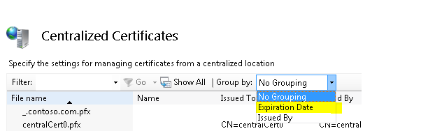 “集中式证书”对话框的屏幕截图。在“分组依据”下拉列表中，突出显示了“过期日期”。