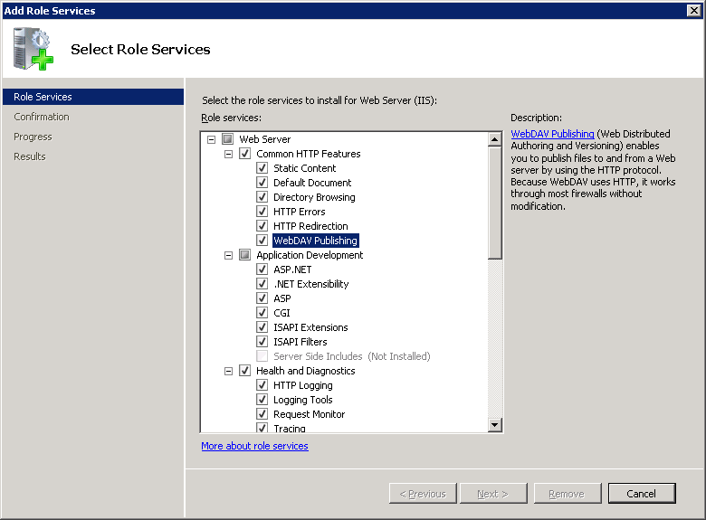 Screenshot that shows the Select Role Services page. Web DAV Publishing is selected.