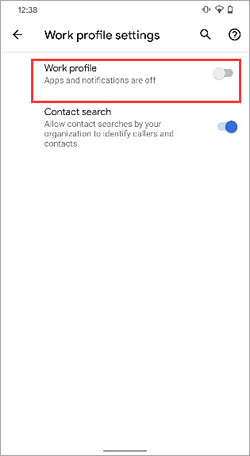 Google Pixel 4 设备设置中关闭的工作配置文件切换开关的屏幕截图。