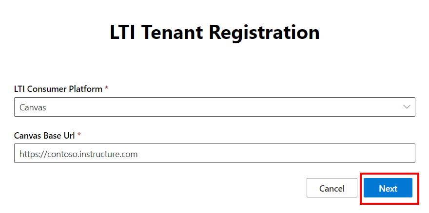 LTI 租户管理页，其中包含用于选择 LTI 使用者平台的下拉列表字段和 URL 文本字段。