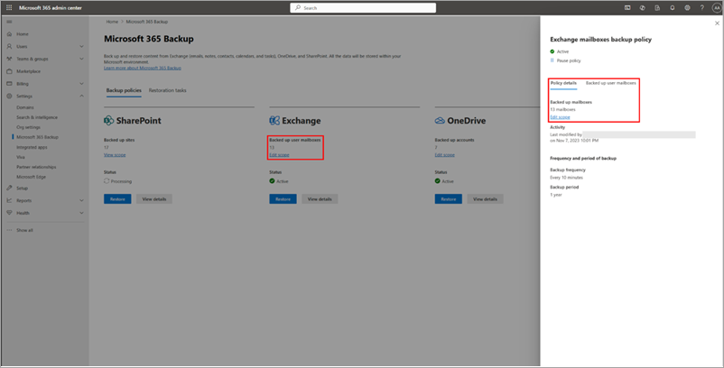 显示 Microsoft 365 管理中心中 Exchange 的视图和编辑备份策略的屏幕截图。