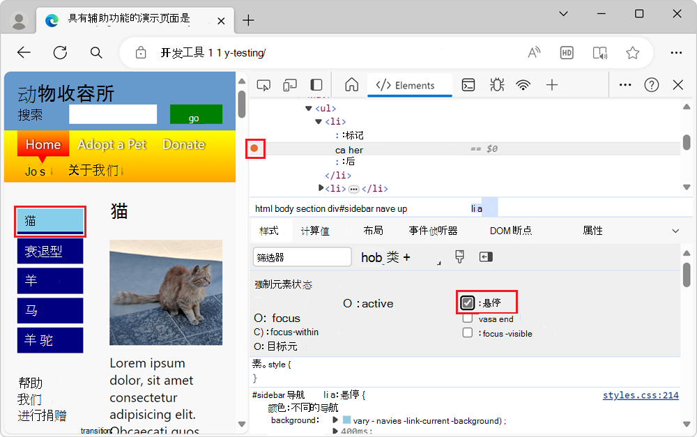 模拟悬停状态的 DevTools