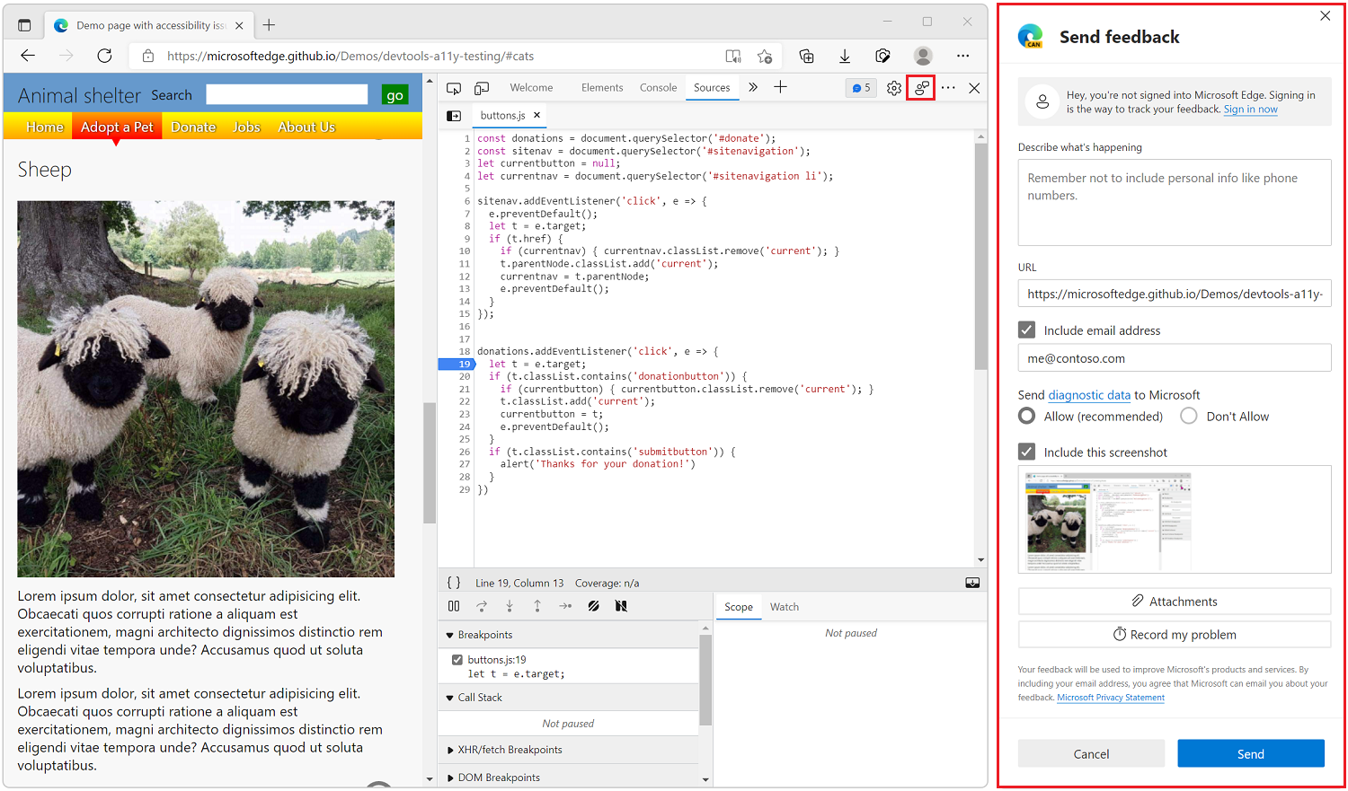 Microsoft Edge DevTools 中的“发送反馈”按钮和“发送反馈”窗口