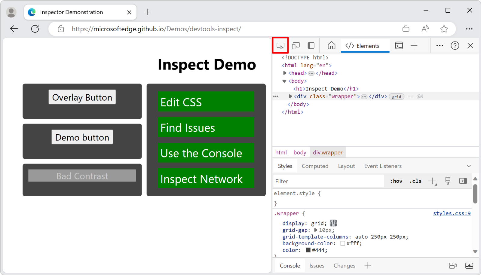 DevTools 左上角的“检查工具”按钮