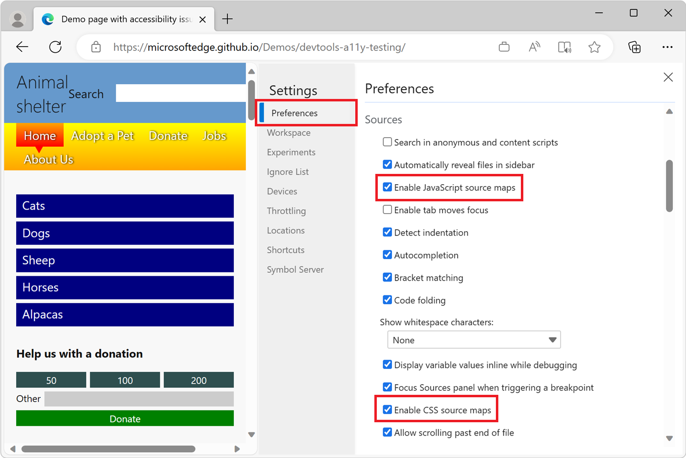 DevTools 设置中的“首选项”配置屏幕