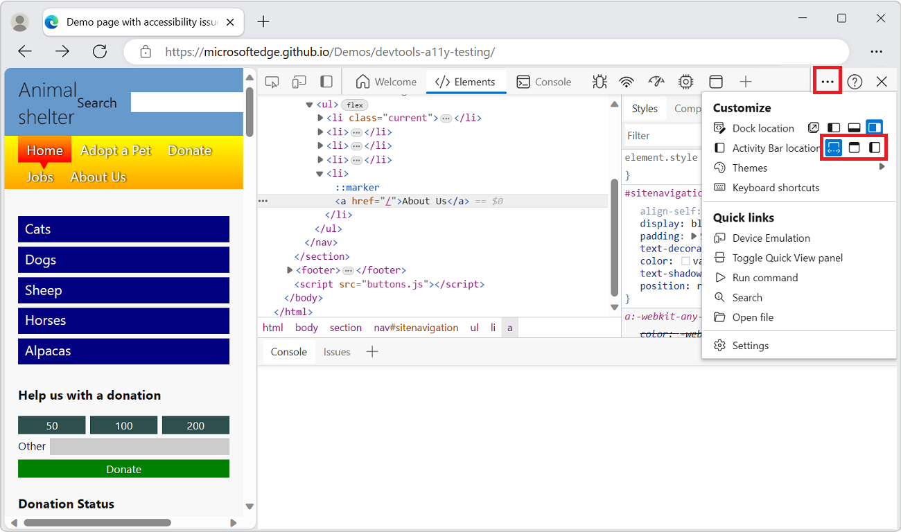 DevTools 的“自定义和控制 DevTools”菜单，其中显示了各种活动栏位置选项