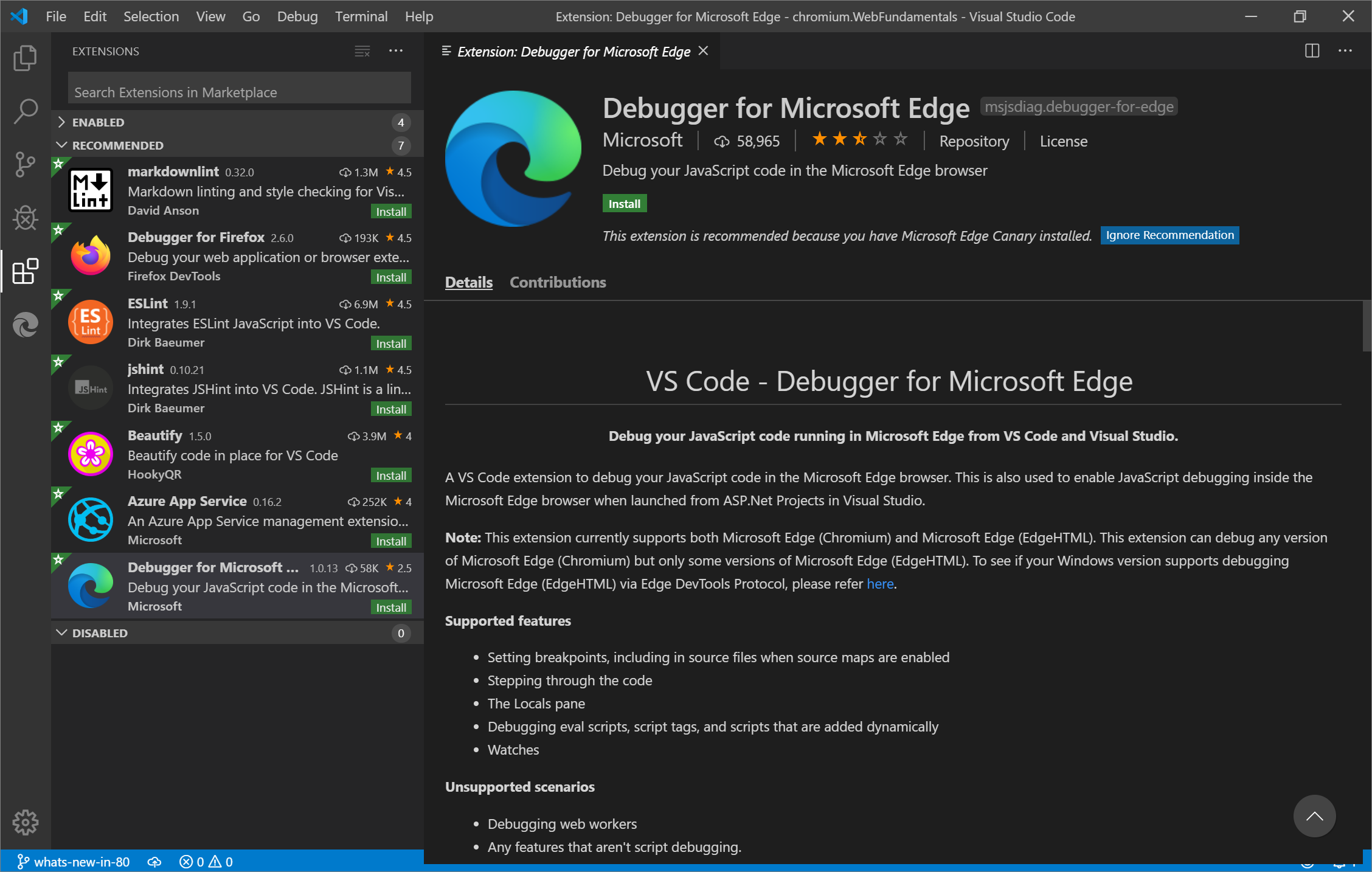 Visual Studio Code 中用于 Microsoft Edge 扩展的调试器