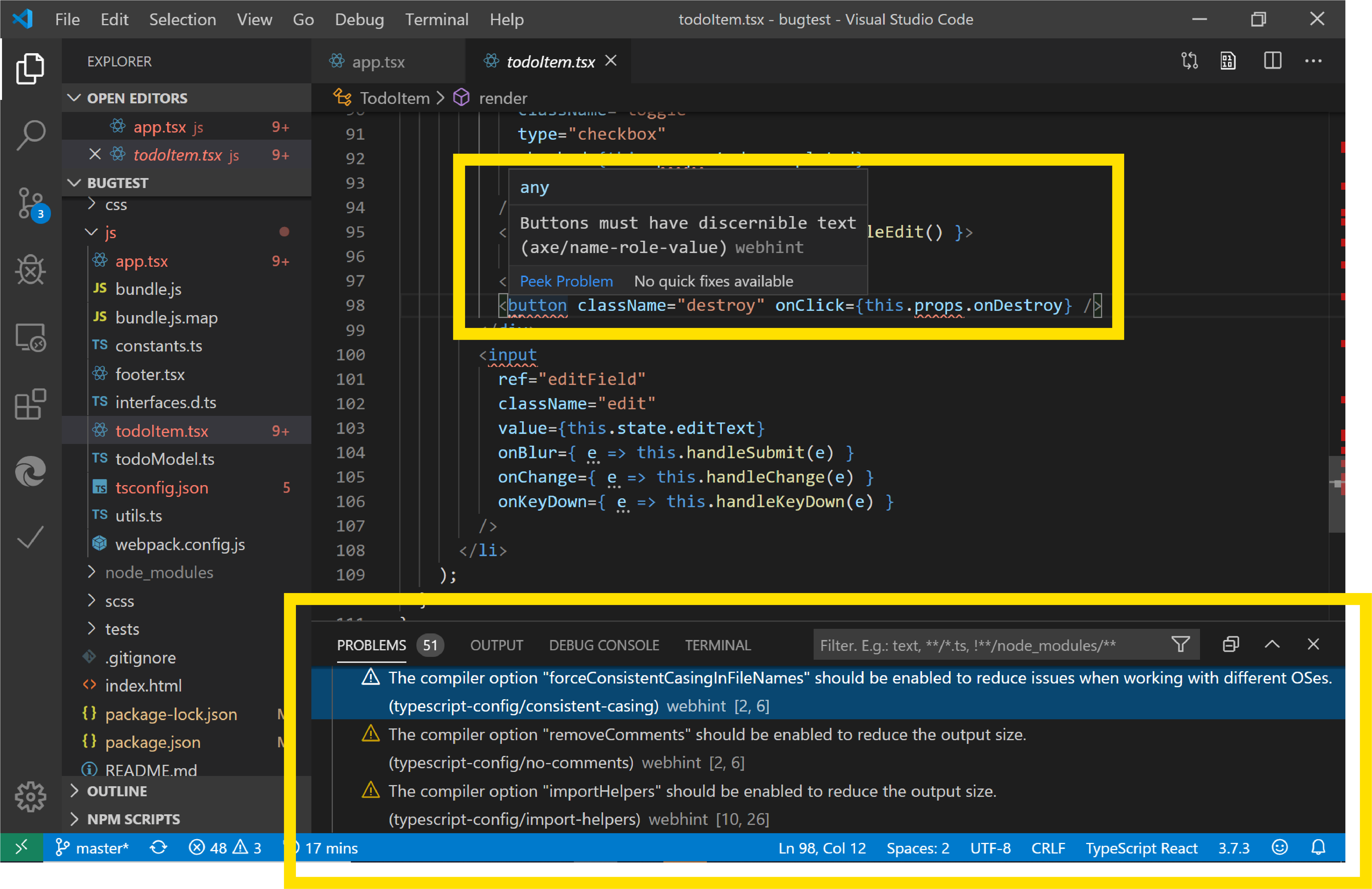 用于在 Visual Studio Code 中分析 .tsx 文件的 webhint Visual Studio Code 扩展