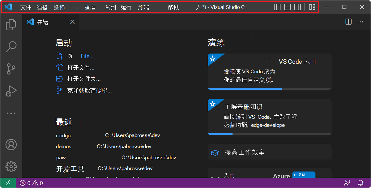 Visual Studio Code 在标题栏区域中显示内容