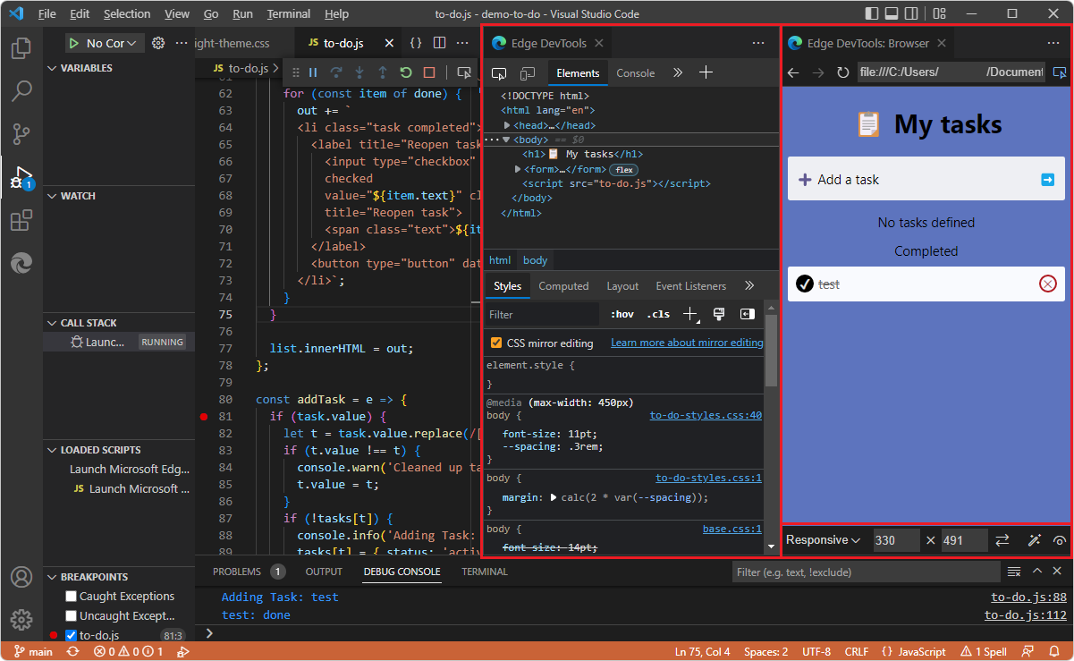 Visual Studio Code 中的Microsoft Edge 开发人员工具和浏览器预览