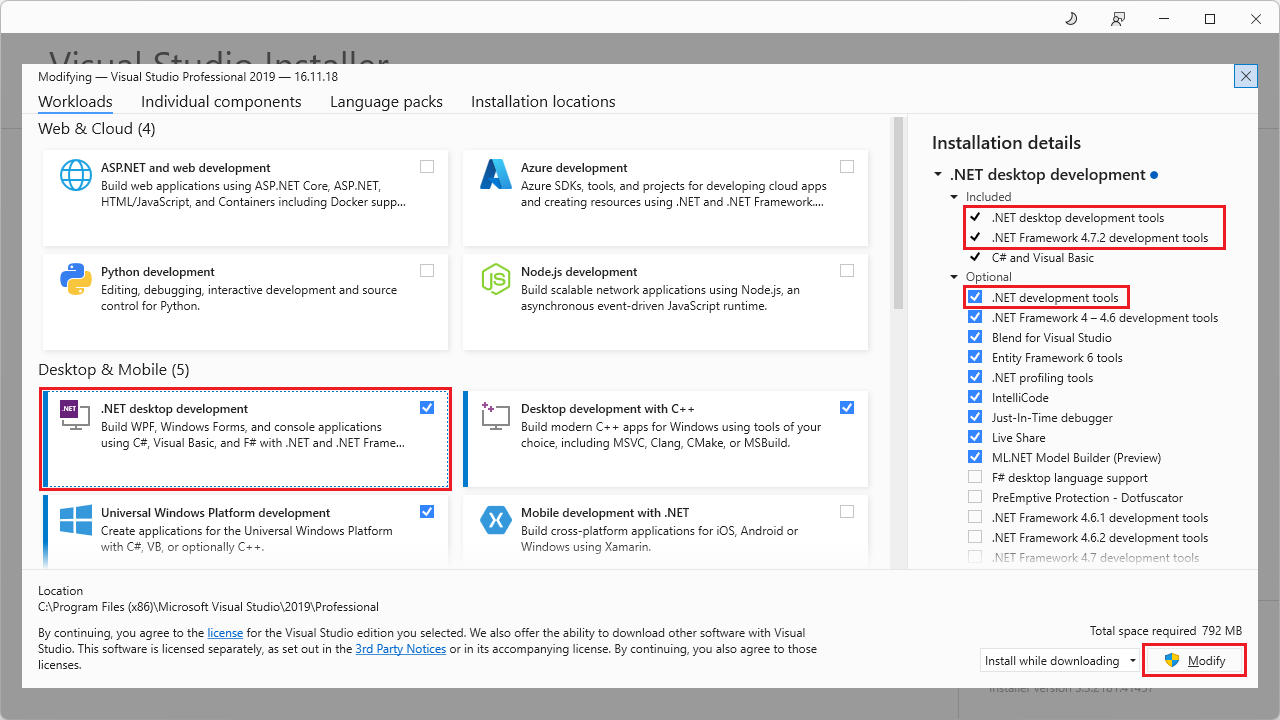 Visual Studio 2019“修改”对话框，用于安装用于“.NET 桌面开发”的模板