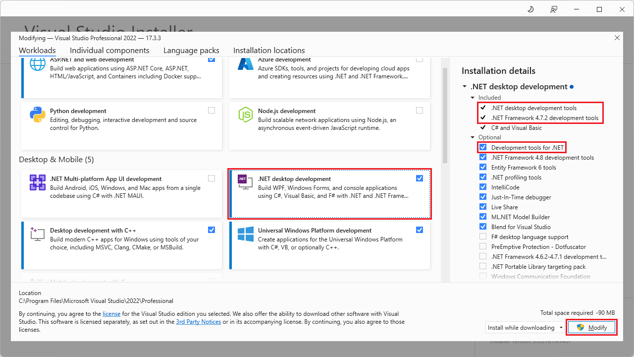 Visual Studio 2022“修改”对话框，用于安装用于“.NET 桌面开发”的模板