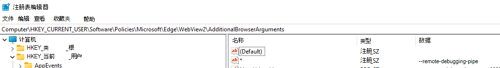 将 AdditionalBrowserArguments 注册表项设置为 --remote-debugging-pipe