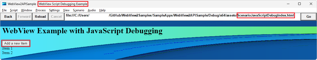 呈现的 HTML 文件“WebView 脚本调试示例”