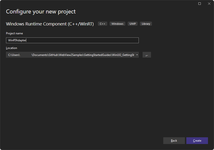在“配置新项目”窗口中，将项目命名为“WinRTAdapter”
