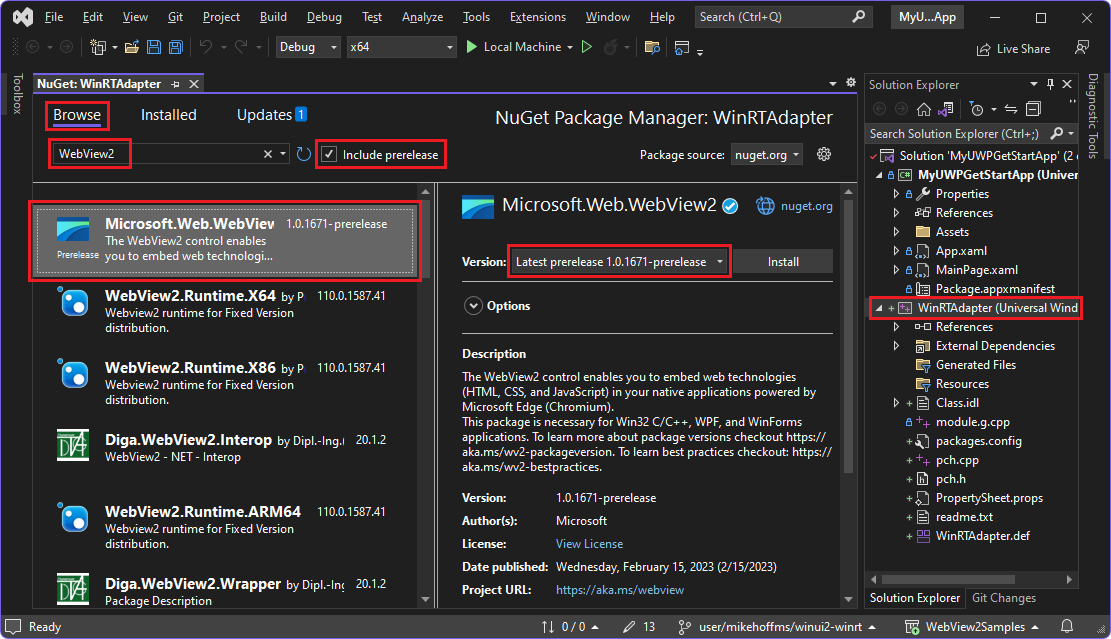 NuGet 包管理器，选择 WinRTAdapter 项目的 WebView2 SDK 包