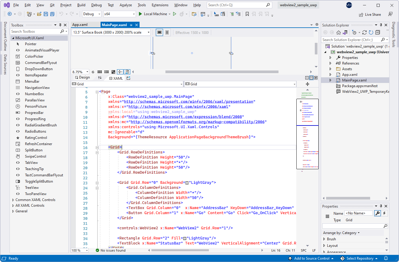 Visual Studio 中的 MainPage.xaml