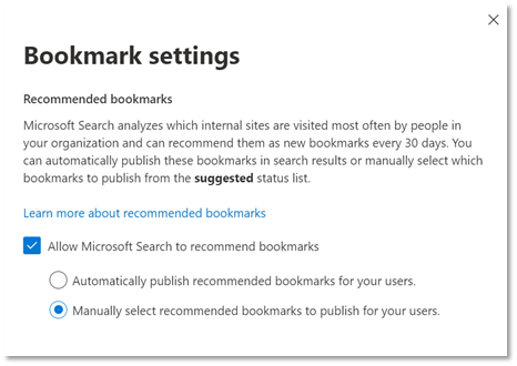 Microsoft 365 管理门户中建议的书签设置的屏幕截图。