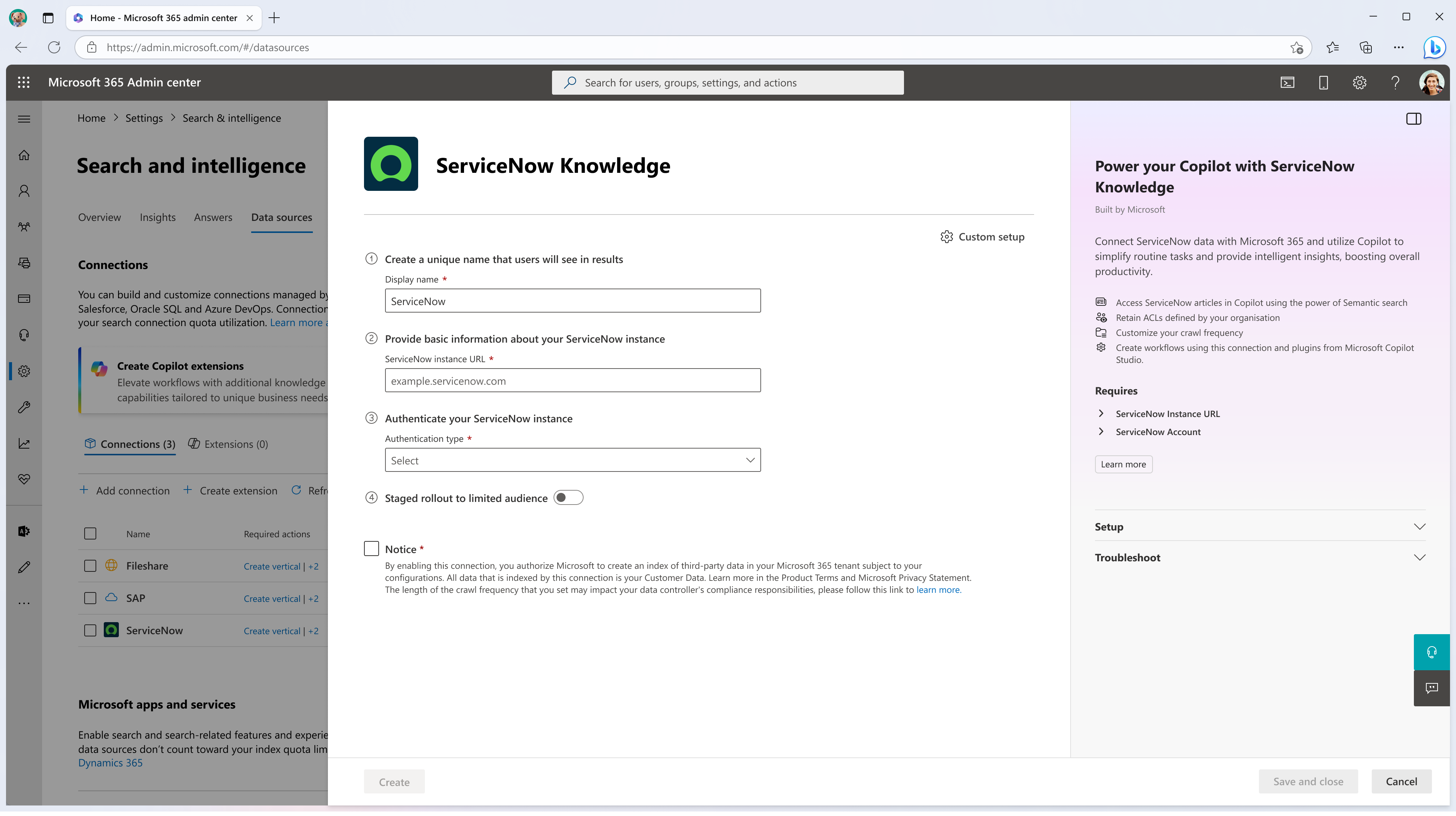 显示适用于 ServiceNow Knowledge 的 Microsoft Graph 连接器的连接创建屏幕的屏幕截图