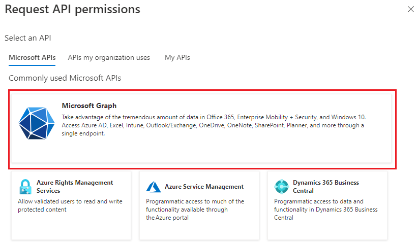 带有 Microsoft Graph 按钮的“请求 API 权限”窗格。