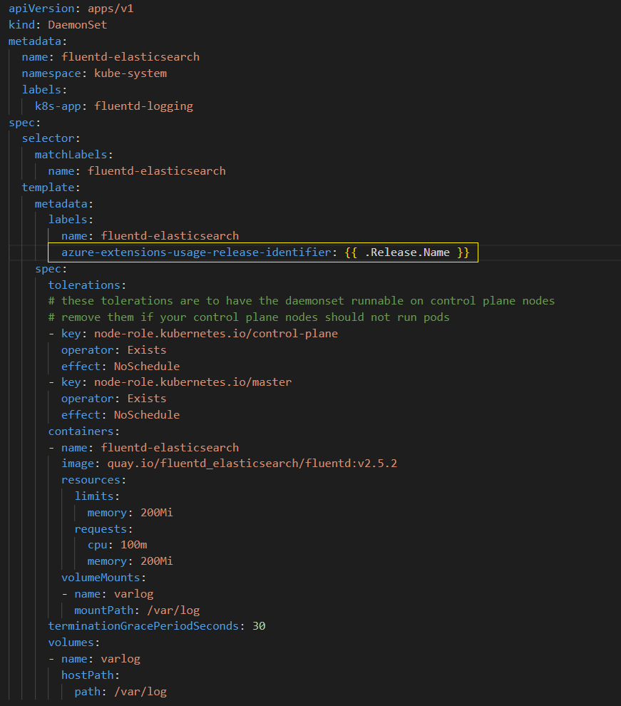 daemonsets.yaml 文件中 CPU 资源请求的屏幕截图。内容类似于本文中链接的示例 daemonsets.yaml 文件。