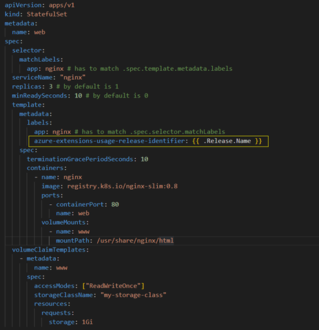 statefulsets.yaml 文件中格式正确的计费标识符标签的屏幕截图。内容类似于本文中链接的示例 statefulsets.yaml 文件。