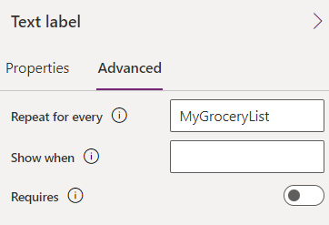 文本标签的高级属性窗格的屏幕截图，Repeat for every 属性中是 MyGroceryList。