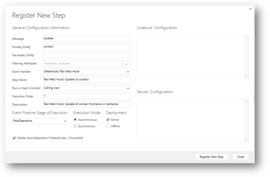 Plug-in registration dialog to register a new WebHook step.