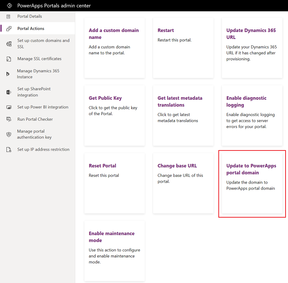 更新到 Power Apps 门户域 - 门户操作。